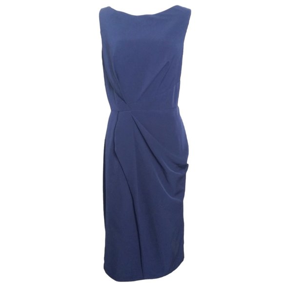 JS Collections Blue Sheath Dress Size 16 Draped Faux Wrap Sleeveless Fully Lined - Picture 2 of 7